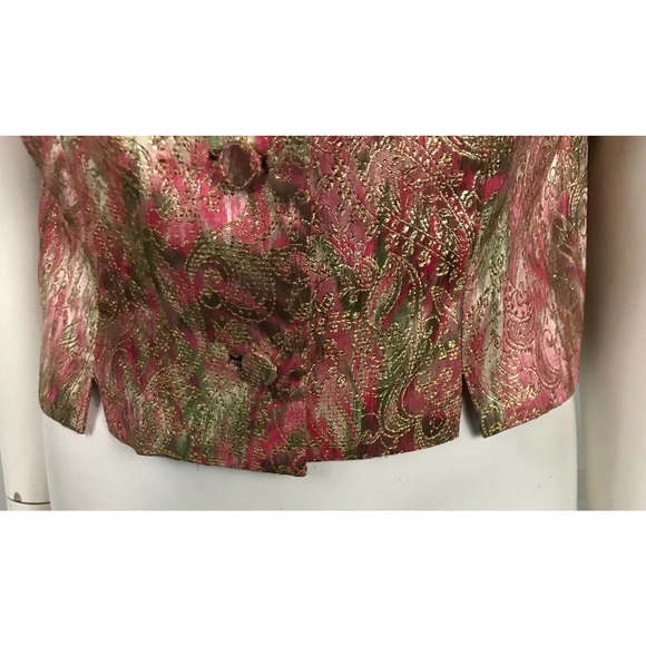 1950s Pink Metallic Paisley Print Button Up Crop Top Blouse / Women's Medium - Picture 3 of 6